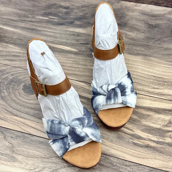 NIB Korks Kork Ease Natalia 7M Knot Clog Sandal Tan Blue Denim PU Tye Dye Combo - Picture 2 of 9